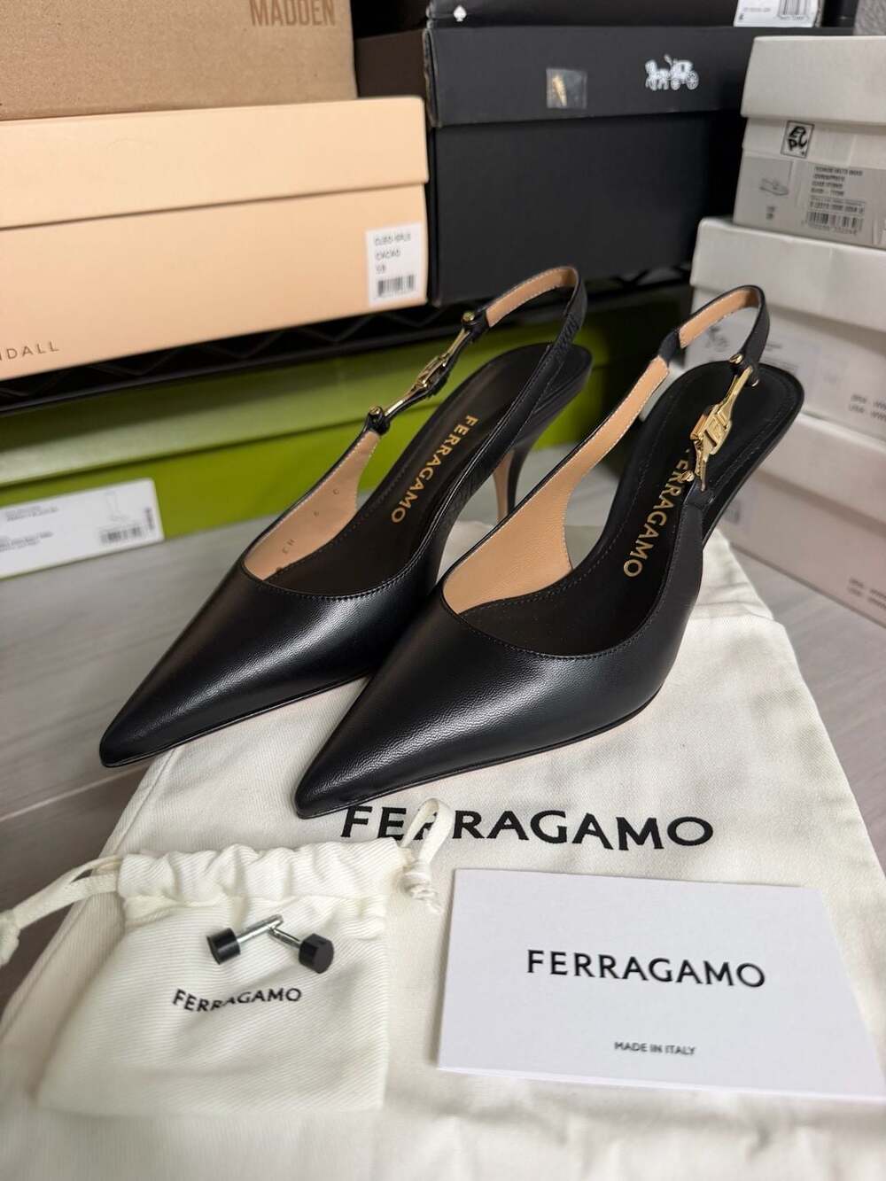 Ferragamo Tally 70 Black Leather Slingback Pumps NIB $1,090 MSRP Made in Italy